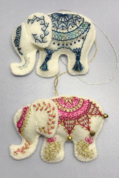 Whipped Back Stitch, Detached Chain Stitch, Felt Elephant, Fly Stitch, Ornaments Making, Stem Stitch, Embroidered Elephant, Baby Mobil, Applique Ideas