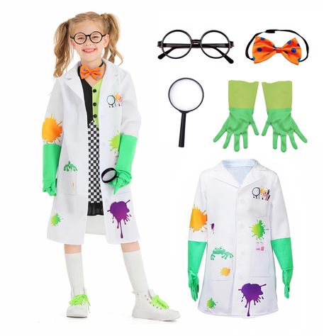 PRICES MAY VARY. ❖Complete mad scientist set includes cartoon lab coat, black framed eyes, necktie, green gloves, and magnifying glasses, total 5pcs. The kids lab coat is designed with cute cartoon lab tool prints, allowing your child to fully immerse themselves in imaginative play, so grab a magnifying glass and take a fresh look! ❖Available in sizes XS to L, suitable for children aged 2-12years. the coat and the necktie design of velcros that make childs easy to put on and take off. (Please ca Necktie Design, Kids Lab Coat, Mad Scientist Costume, Scientist Costume, Mad Scientist Halloween, Kids Lab, Toddler Fancy Dress, Kids Scrubs, Doctor Coat