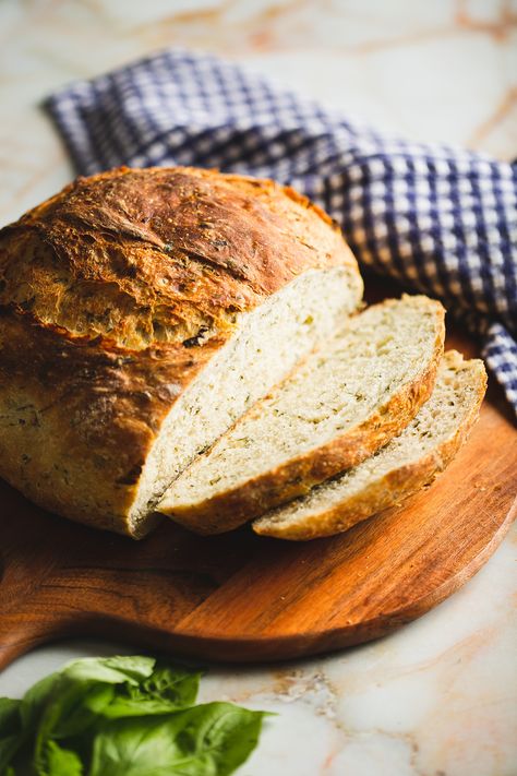 Rustic Garlic and Herb Bread Garlic Herb Bread Recipe, Garlic And Herb Bread, Bread With Herbs, Garlic Herb Bread, Cob Loaf, Enamel Dutch Oven, Herb Bread, Rustic Bread, Loaf Of Bread