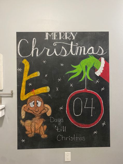 Christmas Marker Board Ideas, Grinch Whiteboard Drawing, The Grinch Chalkboard Art, Chalk Wall Christmas Ideas, Christmas Dry Erase Board Ideas, Christmas Chalkboard Art Grinch, Grinch Chalkboard Art, Christmas Chalk Wall, Christmas Whiteboard Ideas