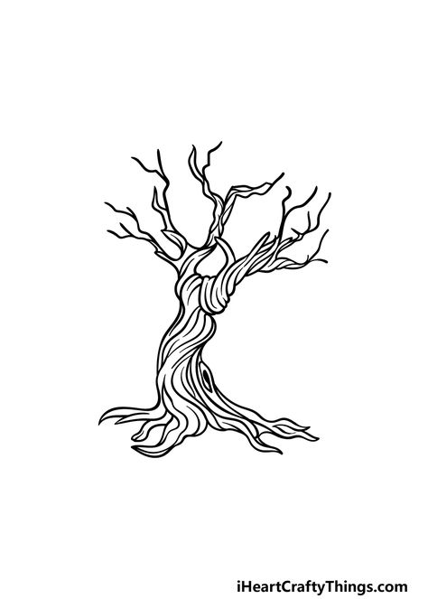 Dead Tree Drawing - How To Draw A Dead Tree Step By Step Halloween Trees Drawing, Scary Trees Drawing, Creepy Tree Drawing, Dead Tree Drawing, Drawing Dead, Lil Doodles, Dead Forest, Scary Characters, Tattoo Reference