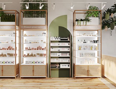 Concept-store Lolea on Behance Dispensary Ideas, Healthy Design, Pharmacy Decor, Cosmetics Logo, Store Shelves Design, Pharmacy Store, Retail Store Interior Design, Grocery Store Design, Retail Space Design