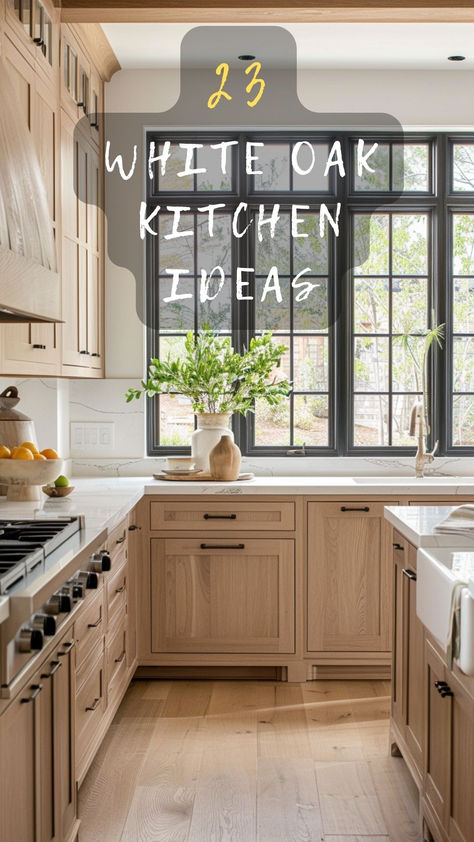 23 Ways To Style White Oak Kitchens! Explore 23 Stylish Ways To Incorporate White Oak Into Your Kitchen For A Timeless And Inviting Look. Ready To Explore? Click To Discover And Style! 🏡🍴 #WhiteOakWays #TimelessKitchen #InvitingInteriors #ExploreAndDiscover #KitchenDecor White Oak And White Cabinets, White Oak Kitchen Islands, Weathered Oak Stain On White Oak Cabinets, White Oak Cabinets With Black Hardware, Rift Oak Kitchen Cabinets, White Oak Farmhouse Kitchen, Modern Farmhouse Kitchens Wood Cabinets, Wood Cabinets Kitchen White Counter, White Oak And Green Kitchen