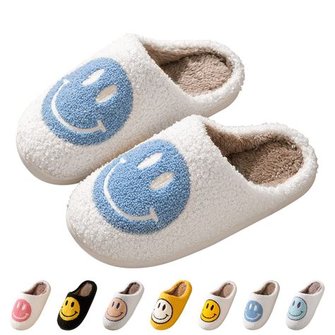 PRICES MAY VARY. 【Thick Memory Foam Sole】: This fuzzy smile face Slippers use about 3CM cushioned thick sole, very soft and will free your feet, making you walk comfortably all time. 【Retro Cozy Smile Slippers】 : Stylish smile slippers, smile design and the collision of different color uppers. Full of fashion sense, relaxed and happy, adding fun for your life. And wish the smile always be with you. 【Soft Comfy Materials】：This smile face slippers for women is made of soft plush, the preppy slippe Preppy Slippers, Smile Face Slippers, Smile Slippers, Happy Face Slippers, Retro Preppy, Man Pillow, Cloud Cushion, Indoor Outdoor Slippers, Slides For Women