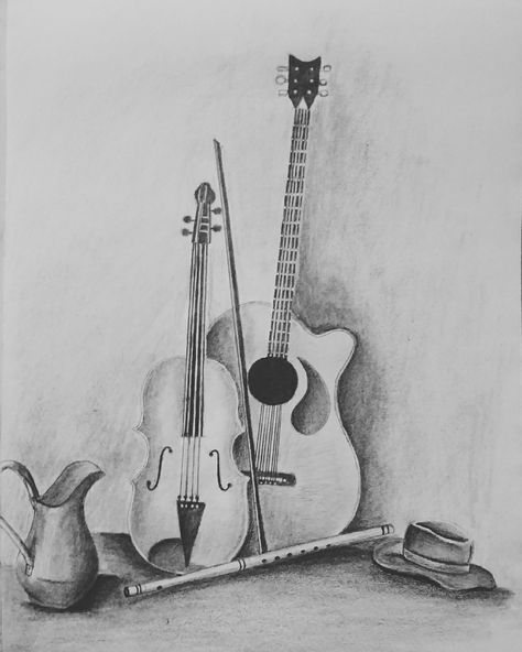 Musical Instruments Drawing Artworks, Instruments Drawing, Musical Instruments Drawing, Indian Musical Instruments, Still Life Sketch, Guitar Tattoo Design, Shading Drawing, Composition Painting, Abstract Sketches