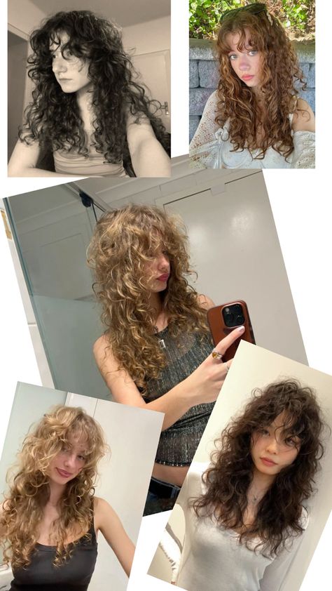 Haircut Ideas For 2b Hair, Wolf Shag Curly Hair, Hush Haircut Curly, Curly Hair Cuts With Bangs And Layers 3c, Wolfcut 2b Hair, Hairstyles 2b Hair, 2c Curly Hair Bangs, 70s Curly Haircut, Curly Hush Cut