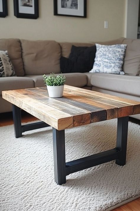 Build your own reclaimed wood coffee table for a rustic yet stylish centerpiece in your living room. Use distressed wood for a unique, character-filled design, and pair it with modern legs for contrast. A great weekend project that adds charm to any space! 🛠✨ Coffee Table Homemade, Diy Table For Living Room, Reclaimed Wood Coffee Table Diy, Coffee Table Legs Diy, Homemade Coffee Table, Diy Side Table In Living Room, Rustic Living Room Table, Wood Coffee Table Decor, Ffa Projects