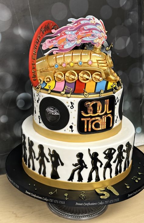 Soul Train Cake Ideas, Soul Train Birthday Party Ideas, Motown Themed Party Ideas, Soul Train Cake, Soul Train Scramble Board Diy, 70s Themed Cake, 70s Cake Ideas, Motown Theme Party, 70s Birthday Cake