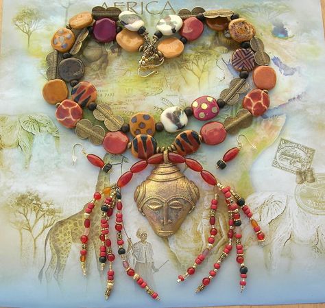 MAGNIFICENT African Mask Necklace Set  Baule by SandraDesigns Six Photo, Karen Blixen, Kazuri Beads, African Colors, Gold Mask, Mask Necklace, In And Out Movie, Nairobi, Gold Wash