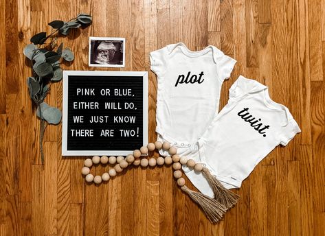 Double Trouble Twins Announcement, Birth Announcement For Twins, Twin Letter Board Announcement, Second Set Of Twins Announcement, Twin Reveal Ideas Surprise, Twin Onesies Announcement, Twin Boys Announcement, Twin Announcement Ideas With Sibling, Announcing Twins To Family