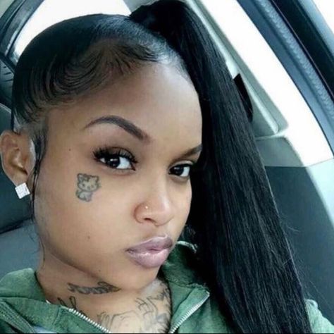 Trap Tattoos For Women, Face Tats, Side Swept Curls, Girl Face Tattoo, Ponytail Bun, Simple Ponytails, Face Tattoos, Hair Laid, Sleek Ponytail