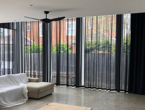 Sheer Curtains Melbourne - Alfresco Blinds | S Fold Sheer Curtains Melbourne Black Curtains Living Room, Modern Net Curtains, Curtains Ideas For Living Room, Curtains Ideas Modern, Grey Curtains Bedroom, Dark Grey Curtains, Sheer Curtains Bedroom, Black Sheer Curtains, Sheers Curtains Living Room