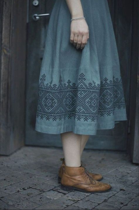 Folk Aesthetic Outfit, Folk Style Clothing, Folk Aesthetic, Folk Skirt, Embroidered Blue Dress, Core Outfits, Vintage Still Life, Dress Cottage, Cottage Core Dress