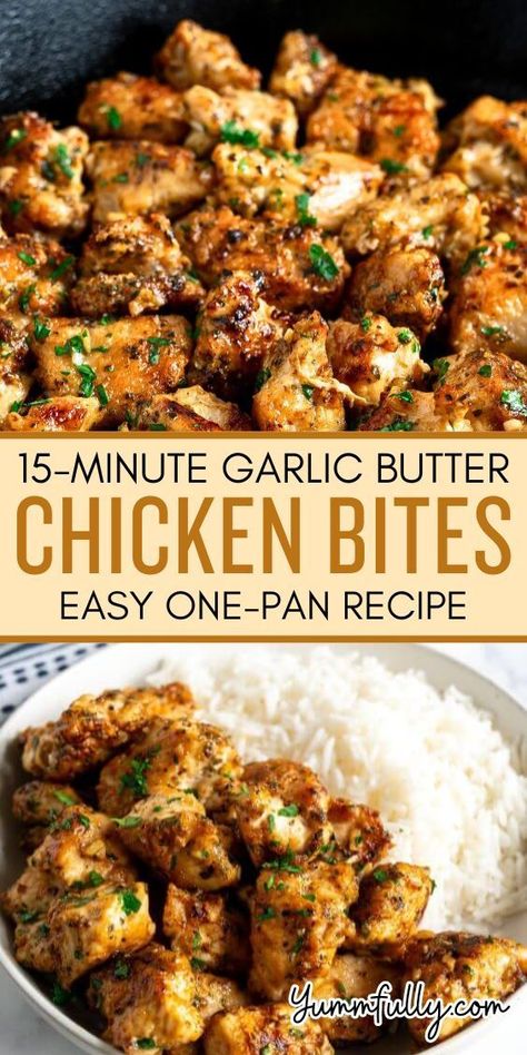 These bite-size succulent chicken breast morsels are seasoned, seared to perfection, and bathed in the most fragrant garlic butter. This effortless one-pan meal is perfect for those busy nights and good enough for entertaining. You can serve them as an entree or appetizer. Pan Chicken Breast, Chicken Breast Recipes Dinners, Garlic Butter Chicken Bites, Butter Chicken Bites, Quick Chicken Breast Recipes, Chicken Bites Recipes, Recipe Using Chicken, Seared Chicken Breast, Easy Chicken Breast