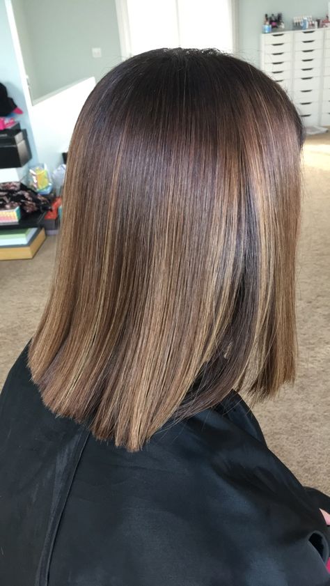 Brown Bob Haircut With Highlights, Light Brown Hair With Highlights Caramel Honey Brunettes Short, Brown Hair Highlights Short, Balayage Bob Brunette, Brunette Bob With Highlights, Lob Brown Hair, Bob Brunette, One Length Bob, Haircut Length