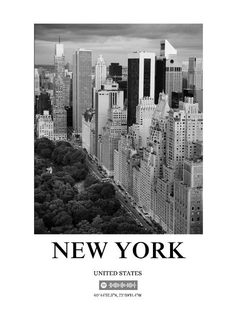 NYC poster with Central Park view, New York coordinates with Welcome to New York (Taylor's Version) Spotify code New York Room Poster, Nyc Poster Aesthetic, New York Poster Aesthetic, New York Graphic Design, Nex York, Nyc Poster, New York City Poster, Central Park View, Welcome To New York