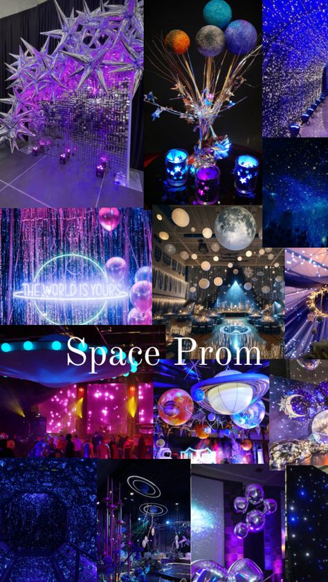 #Prom #space Pre Prom Party Decorations, Outer Space Hoco Theme, Intergalactic Decorations, Galaxy Dance Theme, Prom Location Ideas, Banquet Themes Ideas, Out Of This World Dance Theme, Galaxy Theme Prom, Homecoming Dance Ideas Theme