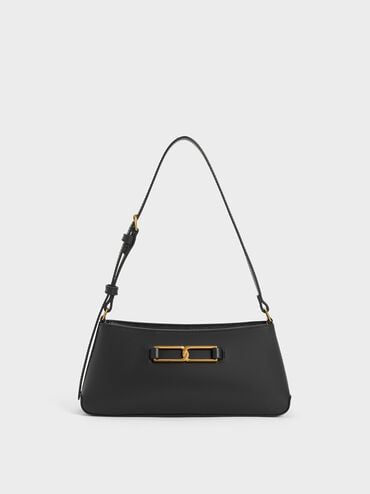 Gabine Leather Trapeze Shoulder Bag, Black, hi-res Trapeze Silhouette, Leather Saddle Bags, Bowling Bags, Bag Collection, Bags Shop, Charles Keith, Leather Bag Women, Studded Leather, Leather Chain