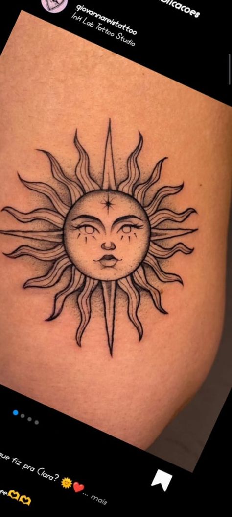 Three Suns Tattoo, Afro Sun Tattoo, Neo Trad Sun Tattoo, Sun Face Tattoo Design, Sun Tattoo Above Elbow, Girly Sun Tattoo, Sun Shin Tattoo, Sun Knee Tattoos Women, Smiling Moon Tattoo