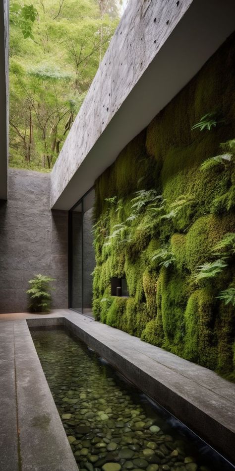 A modern and inviting garden design, featuring a stunning and lush moss wall, chic concrete features, and a serene small pond perfect for creating a unique and inspiring ambiance. Atrium Garden, Indoor Pond, Wall Concrete, Modern Fountain, Small Pond, Indoor Waterfall, Vertical Garden Wall, Sunken Garden, Moss Garden