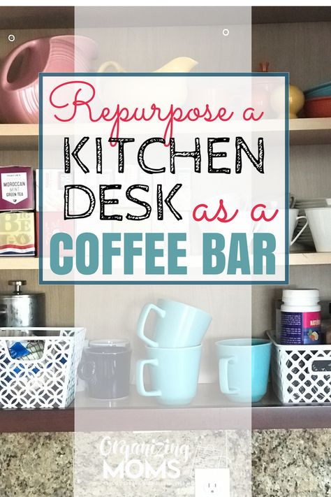 Gain storage and minimize visual clutter when you repurpose your built in kitchen desk as a coffee bar. How to transform your kitchen office space into a coffee and wine bar you'll get a ton of use out from! Desk To Coffee Bar, Kitchen Desk Area Repurpose, Built In Kitchen Desk, Kitchen Desk Area, Kitchen Office Space, Coffee And Wine Bar, Kitchen Desk Areas, Built In Kitchen, Visual Clutter