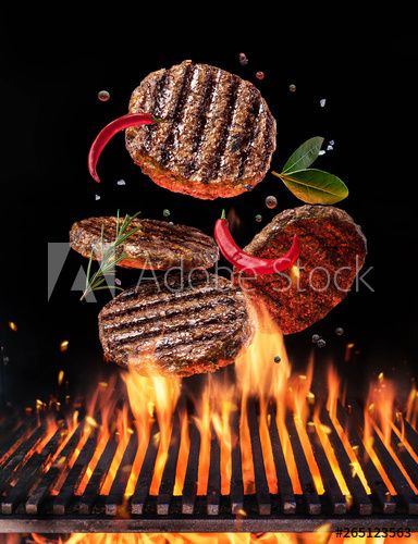 Stock Image: Beef milled meat on hamburger with spices fly over the flaming grill barbecue fire. Steak On Grill, Food Emoji, Grill Ideas, Grill Barbecue, Grilled Beef, Food Logo, Food Wallpaper, How To Grill Steak, How To Cook Steak