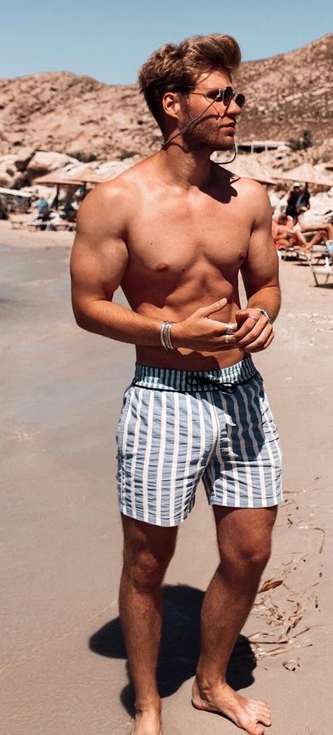 Mens Beach Style, Tall Men Fashion, Bathing Suit Outfits, Beach Outfit Men, Mens Summer Outfits, Mens Casual Outfits Summer, Men's Swimwear, Beach Wear Men, Mens Swim Shorts