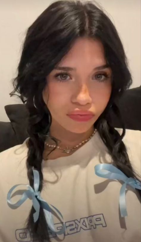 Messy Braided Pigtails, Brown Hair In Pigtails, Cute Messy Pigtails, Braided Pigtails Aesthetic, Braided Pigtails Outfit, Pig Tail Outfits, Pigtail Halloween Costume, Curled Pigtails Hairstyles, Middle Part Pigtails