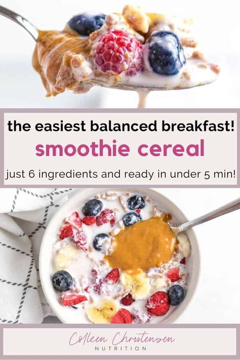 If you're looking for easy breakfast recipes that can be made in less than 5 minutes, you have to try this delicious, creamy, AND crunchy smoothie cereal recipe. Made in just one bowl, this on-the-go breakfast recipe can be made in advance, or even using frozen fruit. Use your favorite cereal and switch up the fruit combos for a new flavor each and every time. You can even have this as a satisfying snack! Loaded Cereal Bowl, Dietician Recipes, Colleen Christensen, Fruit Combos, Easy Breakfast On The Go, Using Frozen Fruit, Breakfast Casserole Dishes, Smoothies Bowls, 2024 Health