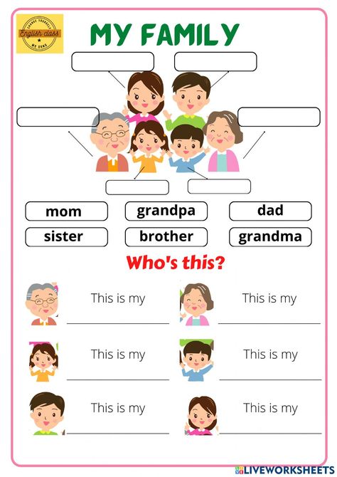 Family members online activity for Grade 2. You can do the exercises online or download the worksheet as pdf. Grade 2 English, Materi Bahasa Inggris, Teach English To Kids, English For Kids, English Worksheets For Kindergarten, Family Worksheet, Kindergarten Reading Activities, Grammar For Kids, English Activities For Kids