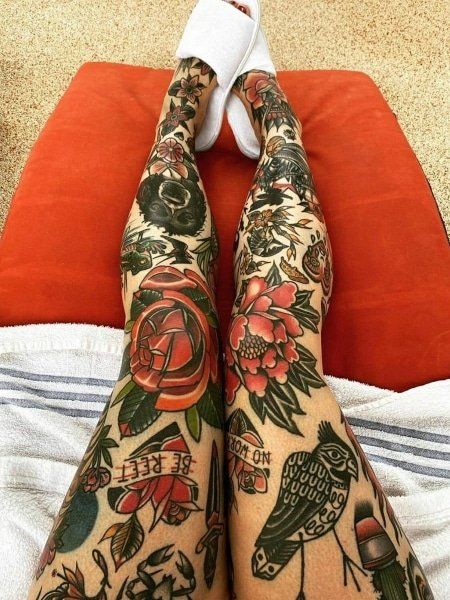 40 Coolest Leg Tattoos for Women in 2022 - The Trend Spotter Leg Sleeve Traditional, Women Leg Sleeve, Traditional Tattoo Leg, Traditional Tattoo Leg Sleeve, Tattoo Leg Sleeve, Traditional Tattoo Woman, Tattoos Colorful, Tattoos Nature, Vintage Tattoo Design