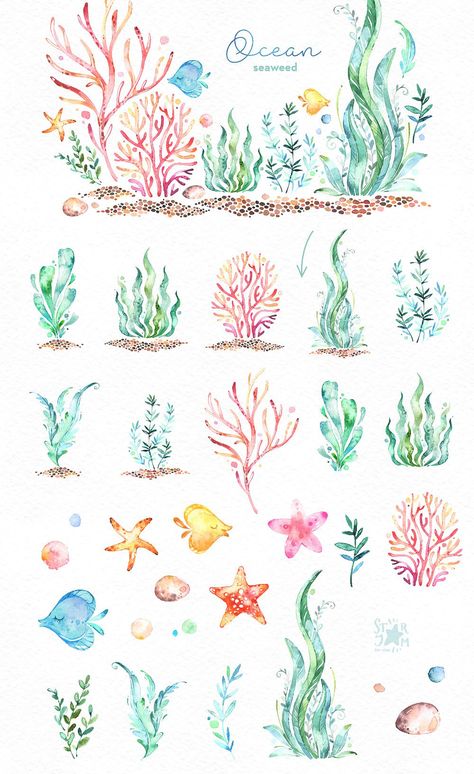 Ocean. Underwater collection. by StarJam on @creativemarket Tattoo Diy, Rasy Koni, Trendy Plants, Watercolor Plants, Diy Tattoo, Plant Painting, 수채화 그림, Plant Drawing, Watercolor Inspiration