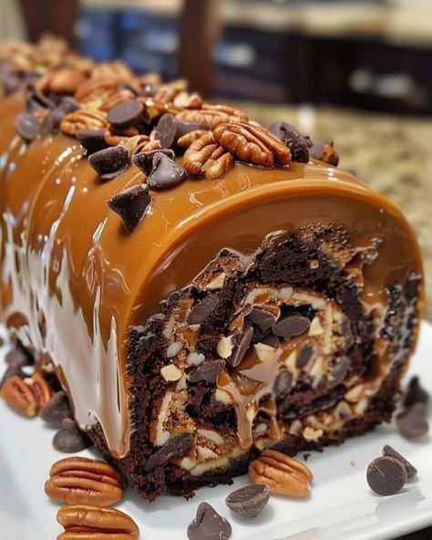 Latest Cooking Recipes | 🌟 Gooey Chocolate Caramel Turtle Cake Roll 🌟 | Facebook Chocolate Caramel Cake, Cake Roll Recipes, Turtle Cake, Chocolate Sponge Cake, Chocolate Roll, Rich Chocolate Cake, Caramel Pecan, Crunchy Pecans, Köstliche Desserts