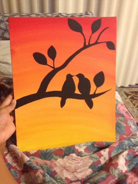 Painting Ideas On Canvas Simple Easy Sunset, Lukisan Sunset Simple, Warm Colour Painting, Sunset Easy Paintings, Bird Painting Easy, Easy Bird Painting, Sunset Painting Easy, Sunset Painting Ideas, Sunset Drawing