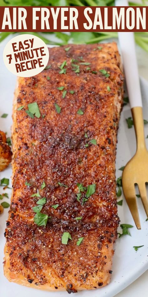 Use this easy recipe for Air Fryer Salmon to make the most tender and flavorful salmon ever! This simple recipe is healthy, gluten free, and easy to make in just 10 minutes. Better than any salmon dish at a restaurant, this is guaranteed to be your new favorite way to cook salmon fillets! Oven Air Fryer Salmon, Skinless Salmon Air Fryer Recipes, Whole Fish In Air Fryer, Salmon In The Air Fryer Recipes, Blackened Salmon Air Fryer, Cooking Salmon In Air Fryer, Salmon Fillet Recipes Air Fryer, Easy Air Fryer Salmon Recipes, Salmon Filets In Air Fryer