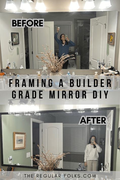 bathroom mirror upgrade, mirror frame diy, bathroom mirror makeover, how to frame a builder grade mirror Repurpose Builder Grade Mirror, Frameless Mirror Makeover, Framing A Large Bathroom Mirror, Mirror Molding Frame, Replace Builder Grade Mirror, Builder Grade Mirror Frame, Builders Grade Mirror Update, How To Frame A Large Bathroom Mirror, Frame A Builder Grade Bathroom Mirror