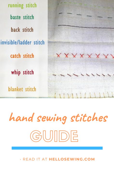 No matter how smart and modern your sewing machine is, any sewist – be it a beginner or a professional needs to know the hand sewing basics and the main hand sewing stitches. Here is an easy guide to all you need to know about the main hand sewing stitches and ways to learn how to do them. Hand Sewing Stitches, Hello Sewing, Sewing Stitches By Hand, Hand Stitching Techniques, Hand Sewing Projects, Stitching Techniques, Sewing Stitches, Sewing Class, Diy Sewing Clothes