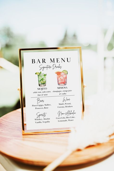 Editable Bar Menu Template, Wedding Drinks Menu Sign Download, Custom Wedding Bar Menu, Canva Bar Sign, Signature Drinks Sign Template Cocktail Sign Wedding, Cocktail Images, Wedding Bar Menu Sign, Signature Drink Sign, Bar Menu Sign, Cocktail Sign, Drinks Sign, Signature Cocktail Sign, Wedding Signature Drinks