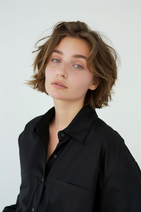 Effortless tousled bob suitable for all genders, featuring a stylish and modern look. Haircut For Trans Woman, Lesbian Hair Round Face, Queer Haircut Fine Hair, Shoulder Length Nonbinary Hairstyles, Short Haircut Types, Hairstyles For Growing Out A Bob, Short Edgy Haircuts Straight Hair, Queer Haircut Bob, Flow Haircut Women