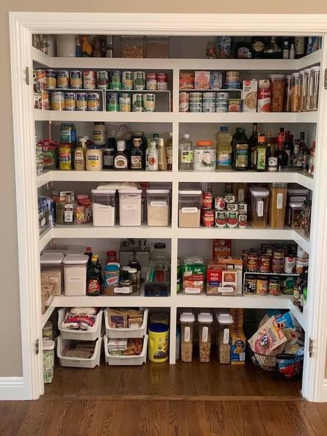 Kitchen Pantry Open Shelving, Small Step In Pantry, One Wall Pantry Ideas, One Wall Pantry Shelving Ideas, Wide Shallow Pantry, Reach In Pantry Makeover, Wide Pantry Ideas, Long Narrow Pantry Ideas, Adding A Pantry To A Small Kitchen