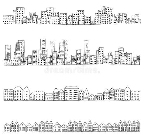 City doodle line. Set of 4 borders of european, dutch, urban houses. Hand drawn doodle city street sketch. Ink illustration. Vector royalty free illustration City Street Sketch, City Drawing Easy, Street Doodle, City Doodle, Urban Houses, Street Sketch, Skyline Drawing, Massage Logo, Sketch Ink