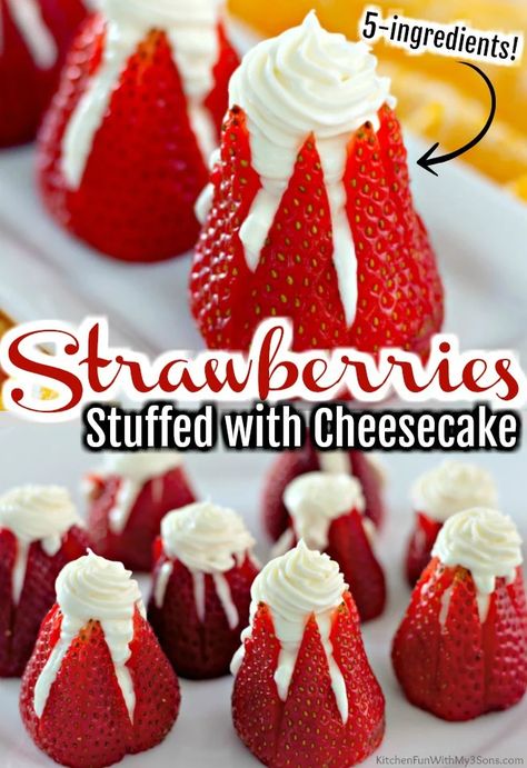 Cheesecake Filled Strawberries, Cheesecake Stuffed Strawberries, Showstopper Dessert, Individual Cheesecakes, Stuffed Strawberries, Mini Dishes, Strawberry Cheesecake Recipe, Easy Cheesecake, Strawberry Desserts