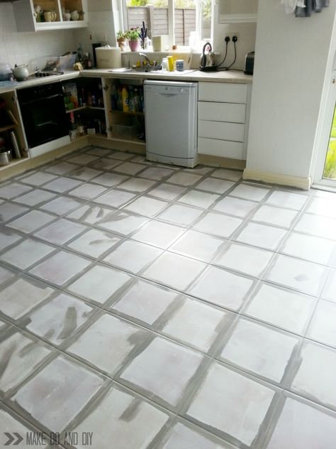 how to paint a tile floor, and what you should think about before you do! www.makedoanddiy.com Painted Ceramic Tile Floor Kitchen, Distressed Floor Tile, Gray Painted Tile Floor, Painted Tile In Kitchen, How To Paint Kitchen Floor Tiles, Kitchen Tile Floor Paint, Chalk Paint Tile Floor, Painted Tile Floors Kitchen, Whitewash Tile Floor