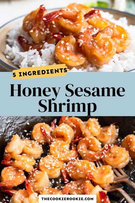 Orange Shrimp Recipes Easy, Honey Sesame Shrimp, Gf Shrimp Recipes, Sesame Shrimp Recipes, Sesame Fish Recipe, Honey Shrimp Recipes, Sticky Shrimp, Chinese Prawns, Sesame Shrimp