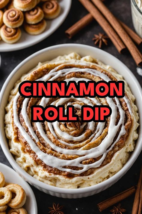 A photo of a  Cinnamon Roll Dip which is a type of Dips for fall Fall Appetizers Dips For Party, Dips Dessert Easy, Holiday Dip Recipes Appetizer Ideas, Best Sweet Dips For Parties, Cinnamon Roll Cheesecake Dip, Fall Dips And Spreads, Fall Cookie Dip, Fall Hot Dips, Dip For Nilla Wafers