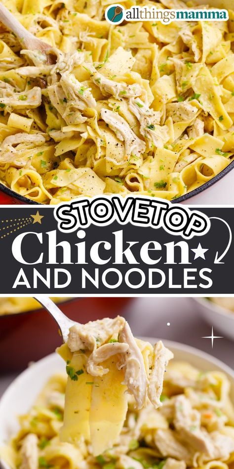 Stovetop Chicken and Noodles social collage graphic Stovetop Chicken And Noodles, Homemade Chicken And Noodles, Easy Chicken And Noodles, Chicken And Noodles Recipe, Creamy Chicken And Noodles, Chicken And Egg Noodles, Boiled Chicken Recipes, Stovetop Chicken, Chicken And Noodles