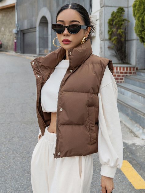 Coffee Brown Casual Collar Sleeveless Polyester Floral Vest Embellished Non-Stretch  Women Outerwear Puffer Vest Outfit, Outerwear Women Winter, Winter Mode Outfits, Puffer Jacket Outfit, Brown Vest, Jacket Outfit, Vest Coat, Style Noir, Vest Outfits