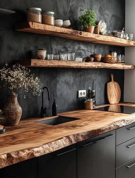 Facebook Rustic Shelves Kitchen, Wooden Countertops Kitchen, Diy Wood Countertops, Kitchen Natural, Farmhouse Kitchen Inspiration, Wooden Countertops, Craftsman Kitchen, Black Kitchen Cabinets, Brown Kitchens