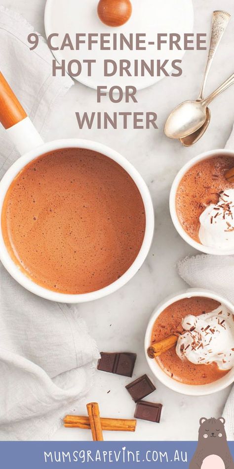 Caffeine-free hot drinks for winter Hot Drinks For Winter, Drinks For Winter, Pregnant Drinks, Caffeine Free Drinks, Hot Drinks Recipes, Caffeine Drinks, Easy Green Smoothie, Caffeine Free Tea, Cozy Drinks