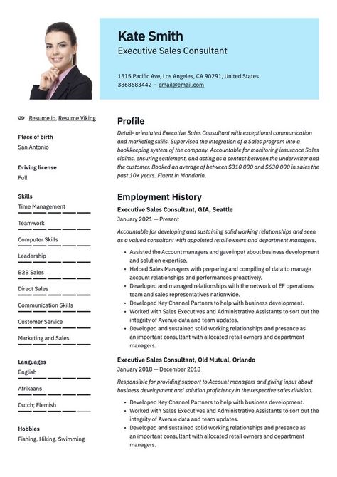 Professional Executive Sales Consultant Resume Blue Template Consultant Resume, Sales Resume Examples, Professional Resume Examples, Resume Pdf, Sales Executive, Sales Consultant, Sales Resume, Insurance Sales, Job Advice